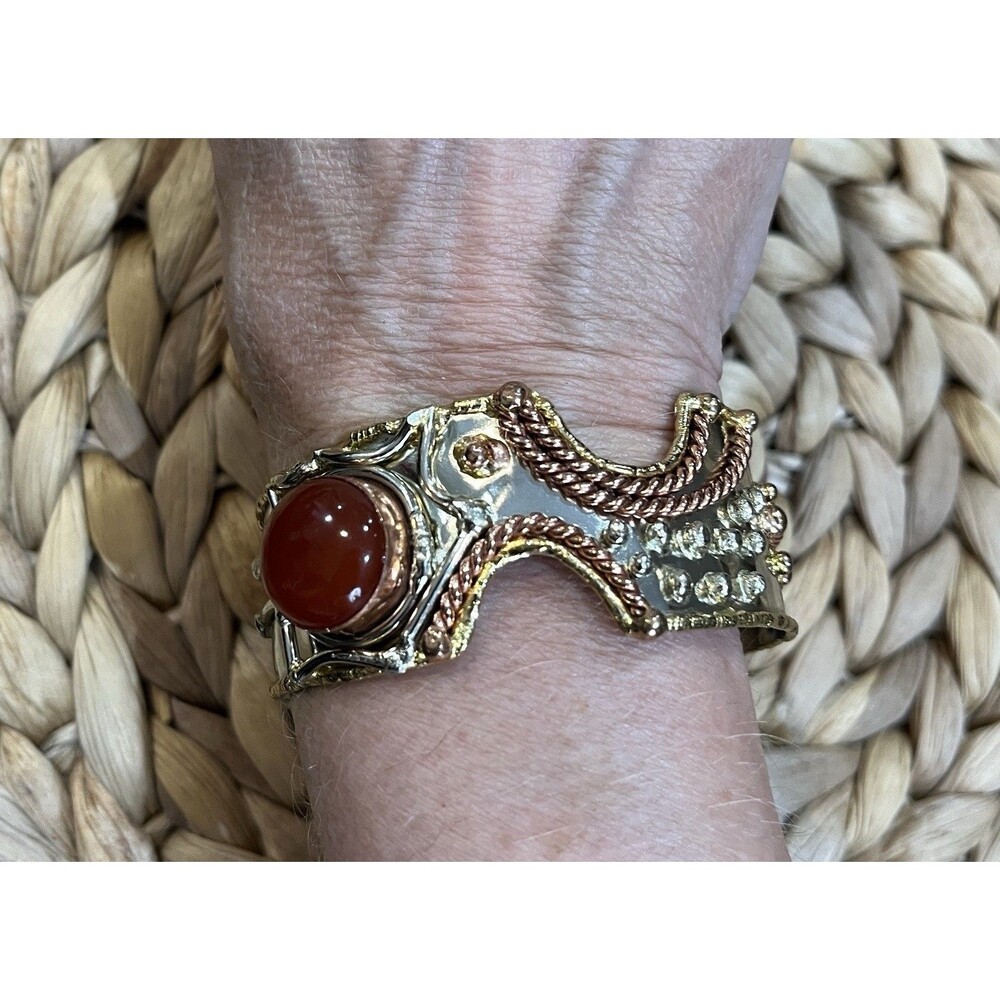Fabulous Namibian Carnelian Hammered Silver Copper Tone Ornate Cuff Bracelet